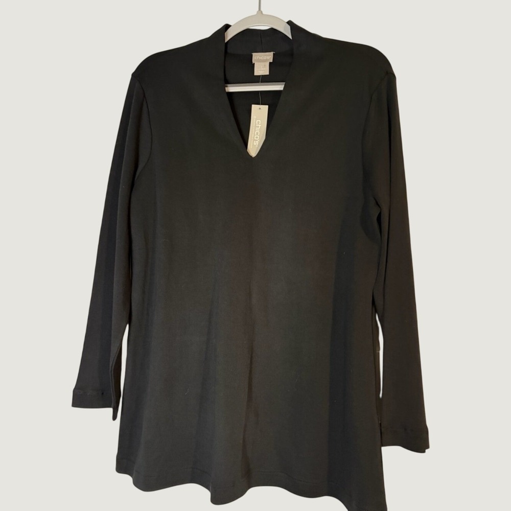 Chicos Polished V-Neck Tunic Top Black 100% Pima Cotton Knit Long Sleeve 1 M